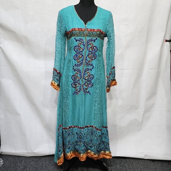 Rubashka Exclusive Asian Indian Embroidered & Beaded Turquoise Dress Sz M - Picture 1 of 9
